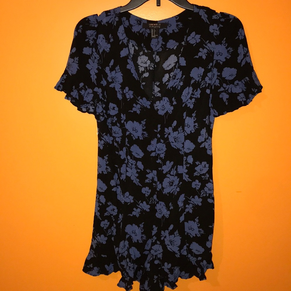 Forever 21 Black and Blue Floral Ruffle Romper